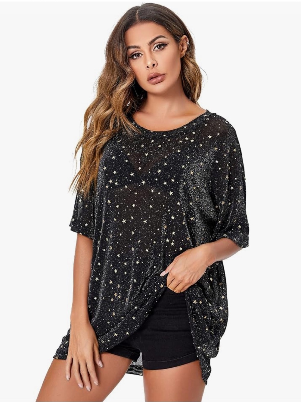 WDIRARA Glitter Shimmer Star Sheer Short Sleeve Mesh Top
